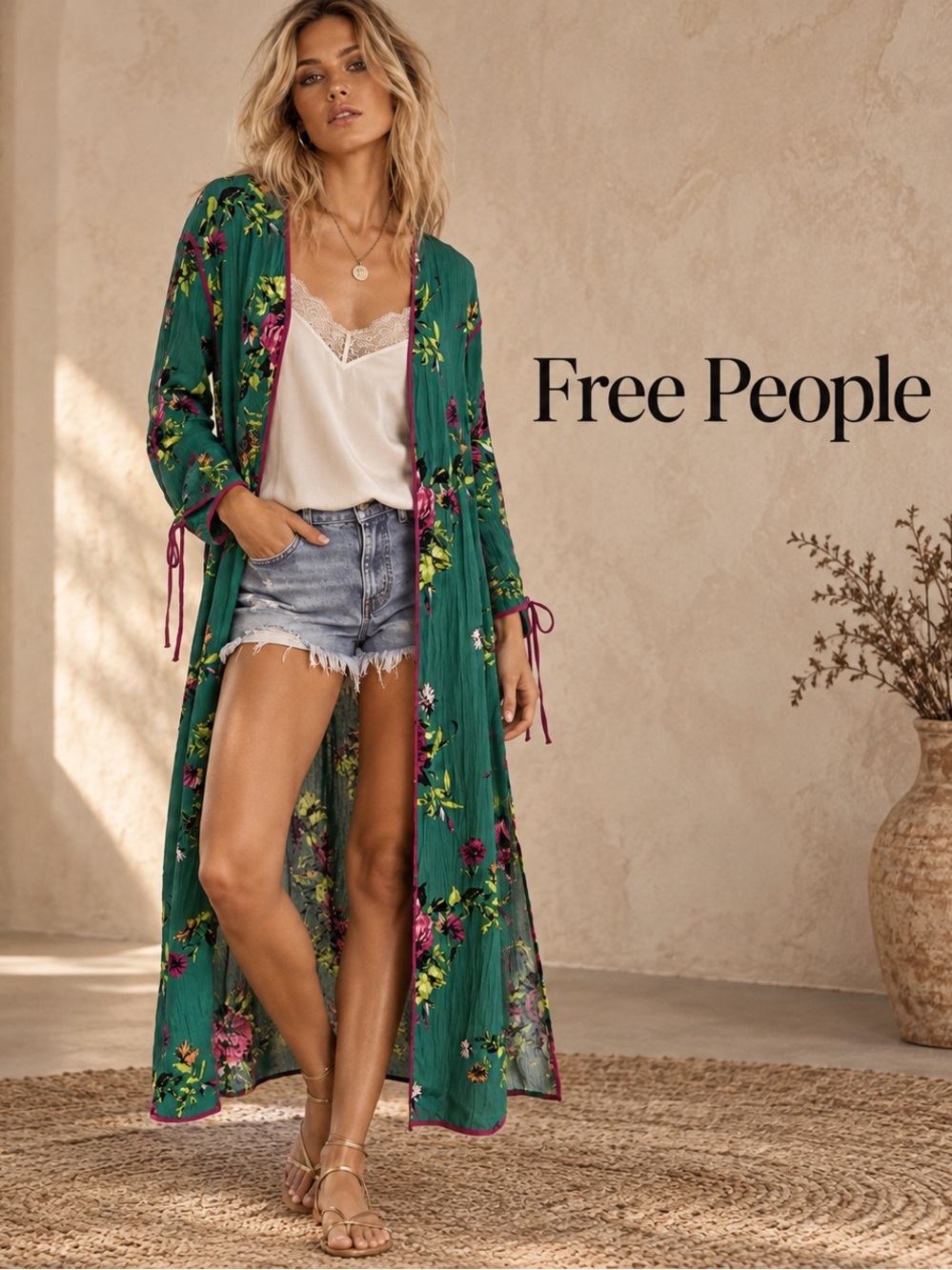 🌸Free People Teal Floral Long Kimono Cover-Up size M Bohemian Chic Festival Boho